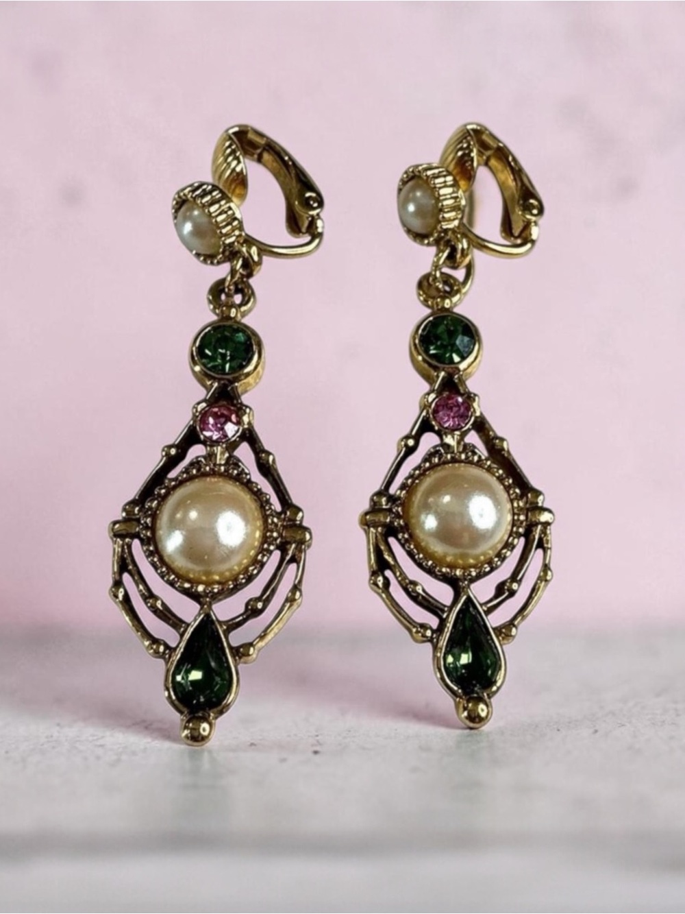 Vintage Gold Toned Faux Pearl Rhinestone Drop Dangle Clip On Earrings